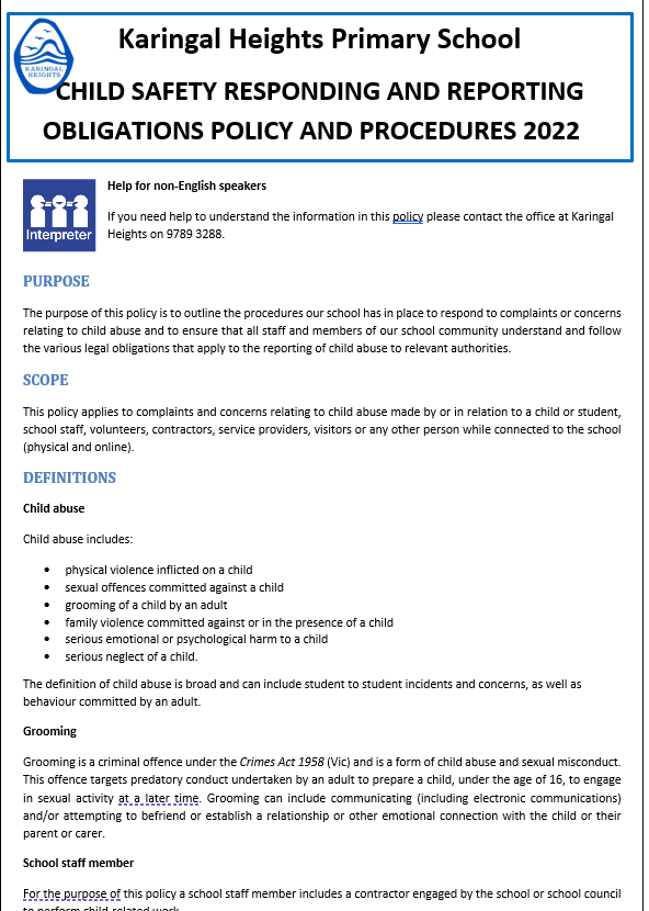 click image to read the Child Safety Responding and Reporting